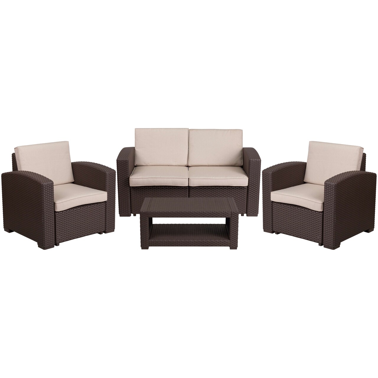 Merrick Lane Ava 4 Piece Faux Rattan Patio Furniture Set with 2 Chairs and Love Seat with Removable Cushions and Table